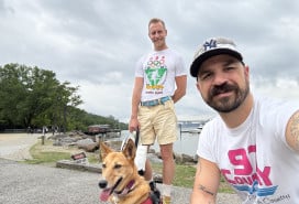 Paul Passavant and Matthew Conley with their pup, Sing Rae.